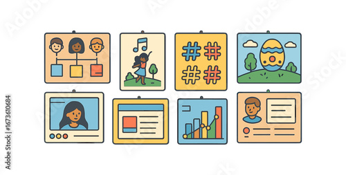 Social media flat icon set. hashtags, analytics, profiles, trend, viral icons collection