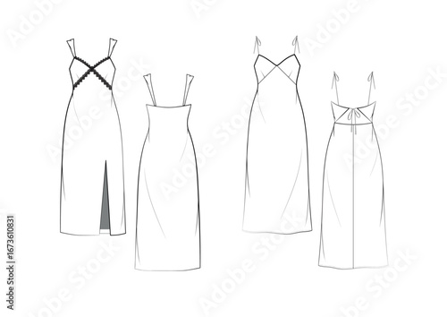 Women Slip Dress, Nightwear Dress, fashion flat sketch, Editable Flat Technical Drawings Illustration, Dress Mockup