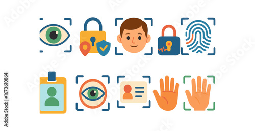 Security and identification flat icon set: biometrics, id, lock, fingerprint icons