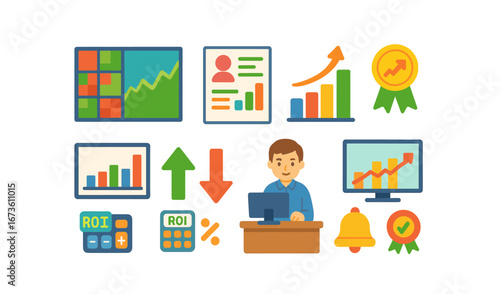 Business analytics flat icon set. graphs, charts, data visualization for analytics