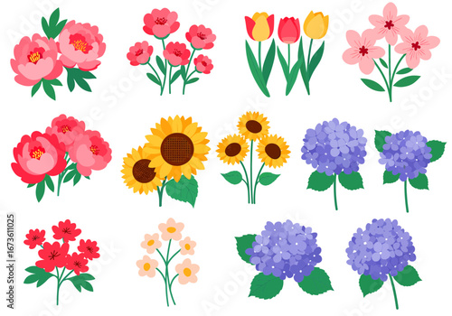 Set of botanical plant with flowers flat style art element design