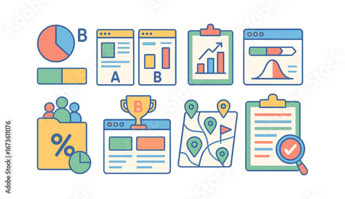 Business and data analysis flat icon set. charts, graphs, and reports collection
