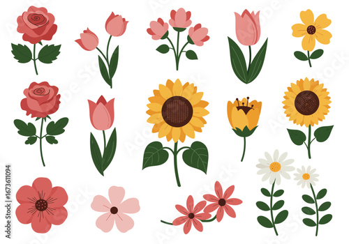 Set of botanical plant with flowers flat style art element design