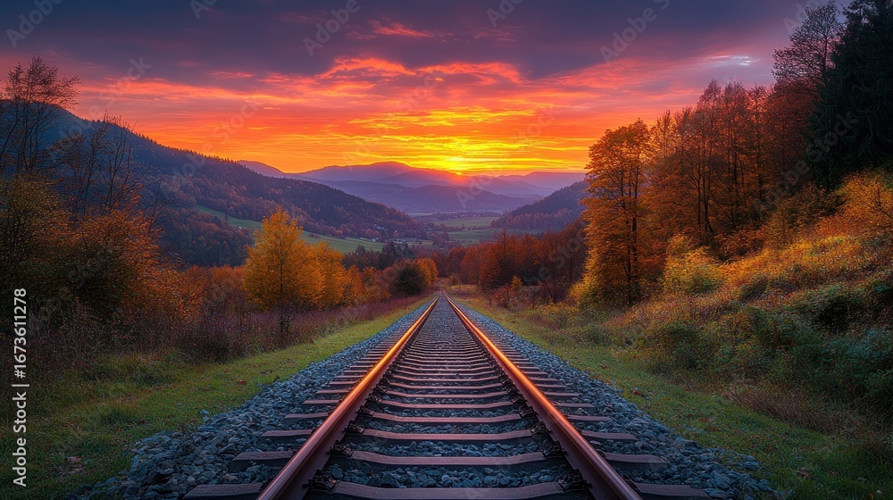 Fototapeta premium Autumnal sunset over mountain railway tracks