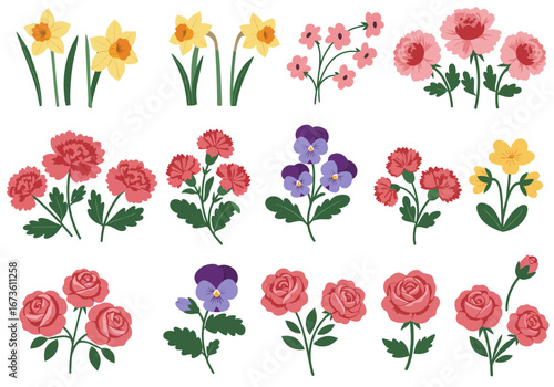 Set of botanical plant with flowers flat style art element design