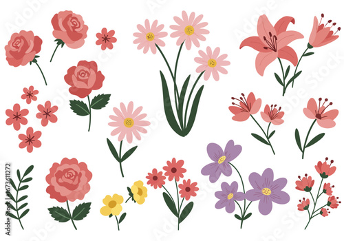Set of botanical plant with flowers flat style art element design
