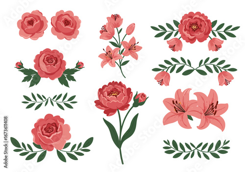 Set of botanical plant with flowers flat style art element design