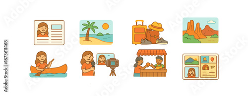 Travel, tourism flat icon set. vacation, trip, map, passport, adventure icons collection