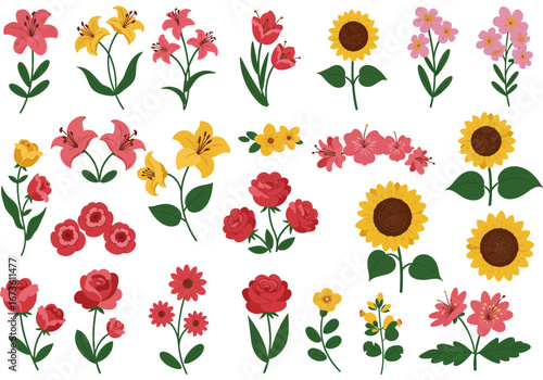 Set of botanical plant with flowers flat style art element design