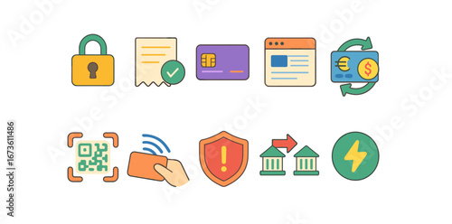 Finance, banking flat icon set. currency, payment, secure transaction icons
