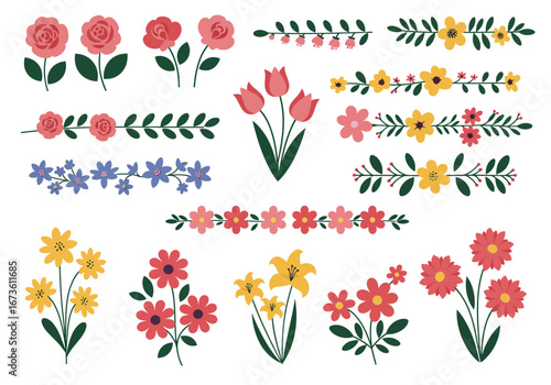 Set of botanical plant with flowers flat style art element design