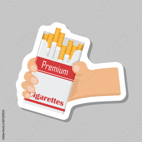 Hand holding packet of cigarettes sticker icon in flat style. Smoking vector illustration on isolated background. Tobacco box sign business concept.