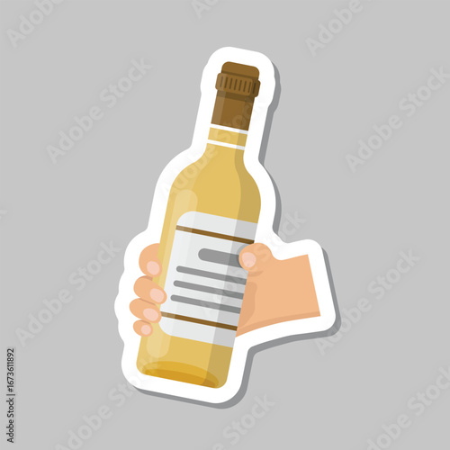 Hand holding wine bottle sticker icon in flat style. Alcohol drink vector illustration on isolated background. Champagne beverage sign business concept.