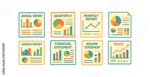 Business, finance flat icon set. reports, statements, data analysis flat collection