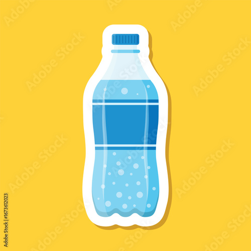 Soda drink sticker icon in flat style. Plastic bottle and drinking glass vector illustration on isolated background. Water beverage sign business concept.