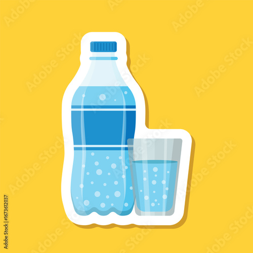 Soda drink sticker icon in flat style. Plastic bottle and drinking glass vector illustration on isolated background. Water beverage sign business concept.