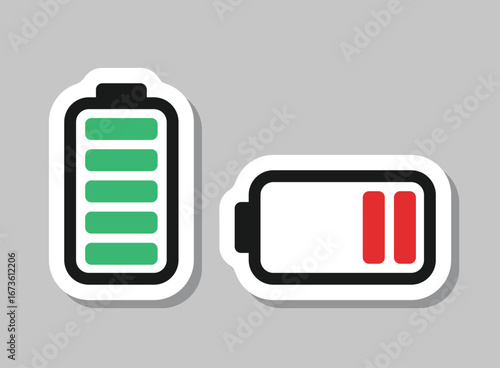 Alkaline battery sticker icon in flat style. Different size accumulator vector illustration on isolated background. Accumulator recharge sign business concept.