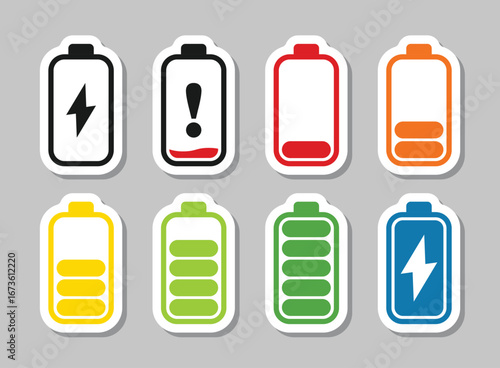 Alkaline battery sticker set icon in flat style. Different size accumulator vector illustration on isolated background. Accumulator recharge sign business concept.