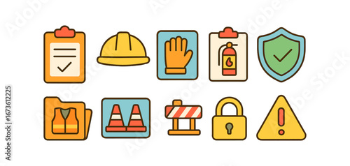 Safety and security flat icon set. protection, equipment, risk management icons