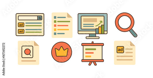 Marketing, analytics flat icon set. seo, digital marketing icons flat collection