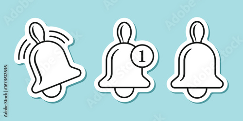 Notification bell sticker icon set in flat style. Incoming inbox message vector illustration on isolated background. Ringing bell sign business concept.