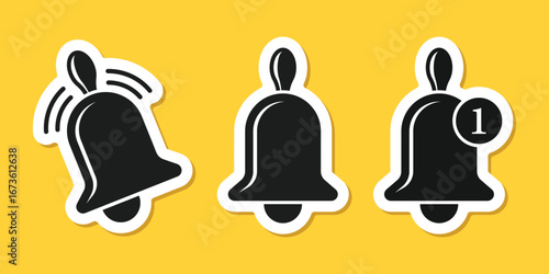 Notification bell sticker icon set in flat style. Incoming inbox message vector illustration on isolated background. Ringing bell sign business concept.