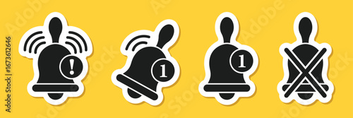 Notification bell sticker icon set in flat style. Incoming inbox message vector illustration on isolated background. Ringing bell sign business concept.