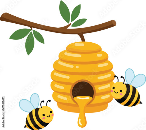 Happy bees near beehive with honey dripping from a branch vector