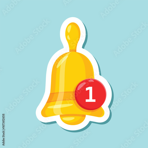 Notification bell sticker icon in flat style. Incoming inbox message vector illustration on isolated background. Ringing bell sign business concept.