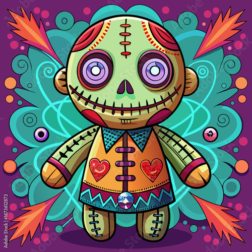 Cute voodoo doll character with stitched features and colorful accents isolated on white background isolated on transparent background