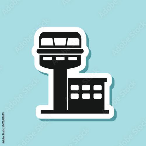 Flight control tower sticker icon in flat style. Navigation monitor vector illustration on isolated background. Airport building sign business concept.