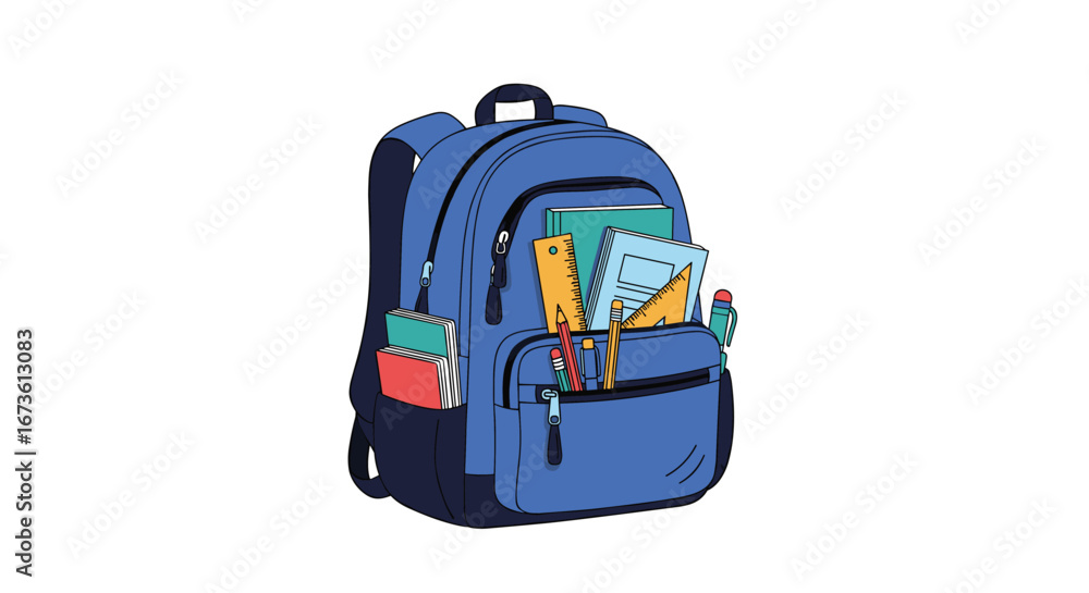 Fototapeta premium Ready for learning! A blue backpack packed with books, pencils, and rulers, perfect for students.