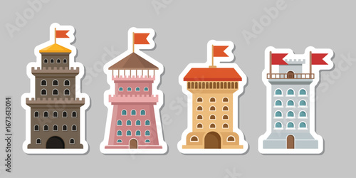 Castle tower sticker icon in flat style. Medieval citadel vector illustration on isolated background. Stronghold building sign business concept.
