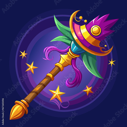 Magical wizard staff with a purple hat and golden star decoration isolated on white background isolated on transparent background