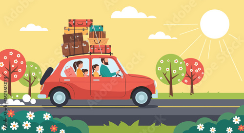 Joyful family embarks on summer road trip adventure with car packed full of luggage