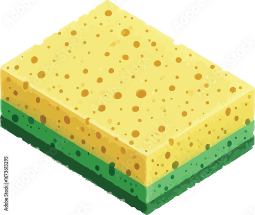 Clean kitchen sponge for dishwashing and household cleaning yellow and green vector