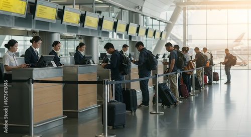 Passengers queue at airport check-in counters, airline staff assist with travel documents.