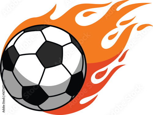 Fiery soccer ball flying with dynamic flames intense action sport vector