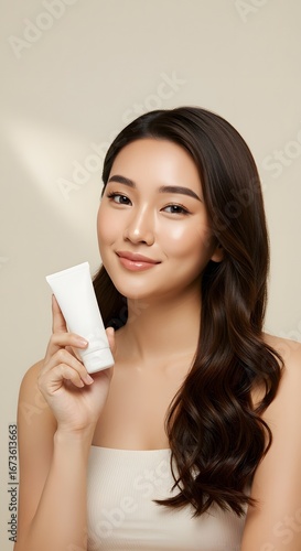 Asian Woman Holding Blank Cosmetic Tube for Beauty and Skin Care Product Mockup
