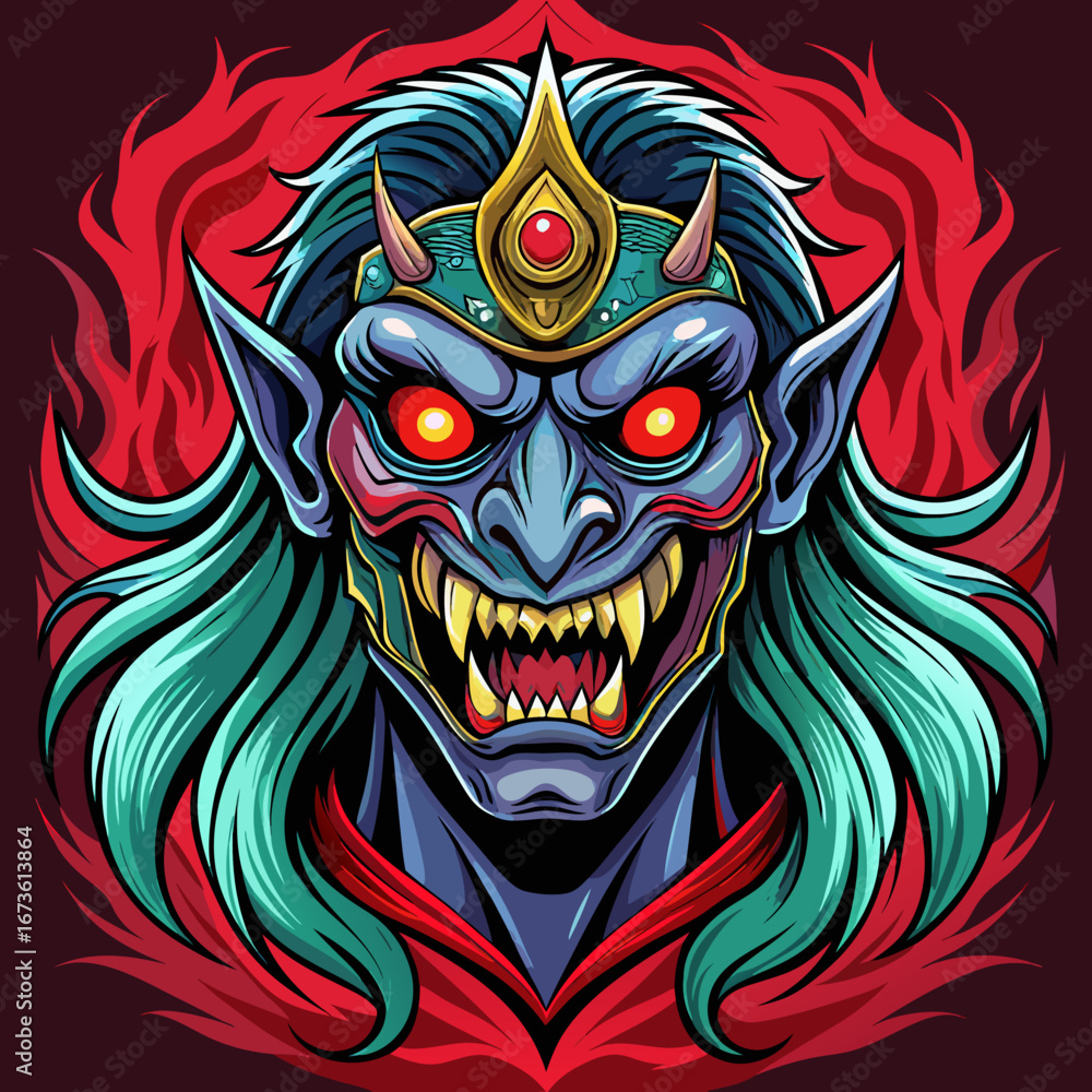 Obraz premium Fearsome blue demon with sharp teeth and glowing eyes isolated on transparent background isolated on white background