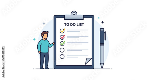 Organized businessman checking off tasks on a to-do list with a pen in a modern office