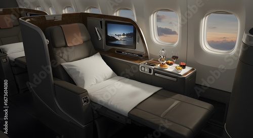 Luxurious airline business class seat fully reclined into a flat bed with a meal and window view.