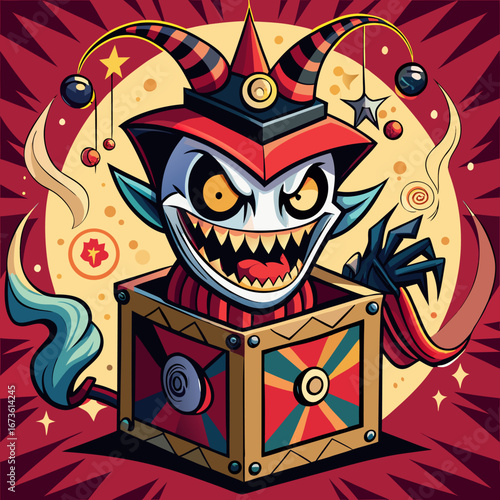Creepy clown jack in the box character emerging from a colorful box isolated on white background isolated on transparent background