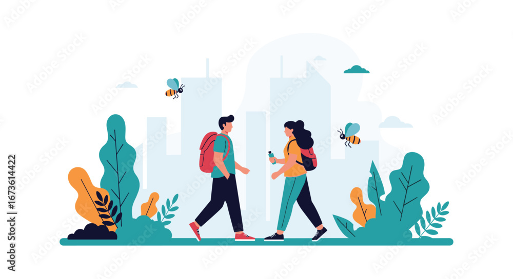 Obraz premium Young couple enjoys a city walk amidst nature with playful bees and modern architecture