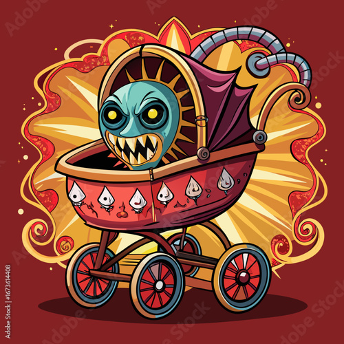 Creepy monster baby carriage with spooky face and fiery background isolated on white background isolated on transparent background