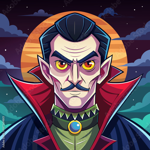 Stylized portrait of a vampire with fiery eyes and a dramatic cape isolated on white background isolated on transparent background