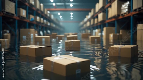 Wallpaper Mural Warehouse interior filled with cardboard boxes floating in floodwater between storage shelves, disaster scene highlighting severe damage Torontodigital.ca