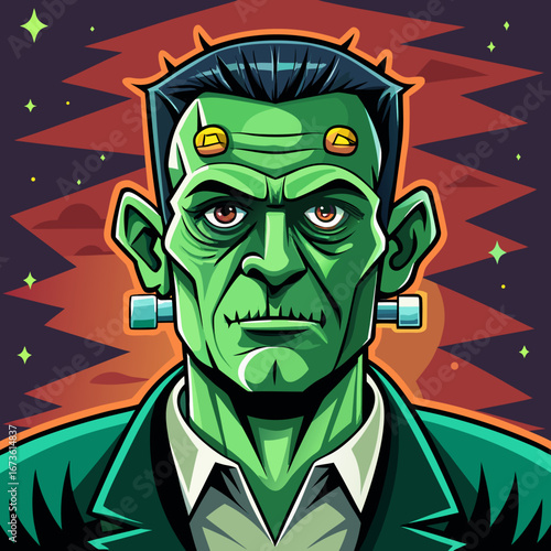 Classic frankenstein monster portrait with bolts and red necklace isolated on white background isolated on transparent background