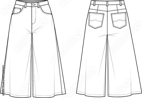 Flat vector CAD drawing of women’s wide leg jeans, front and back technical fashion sketch, apparel design template, clothing illustration for