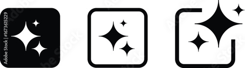 Set of AI sparkle icons in square and rounded frames, flat vector glowing star symbols for generative AI, technology, apps, web UI, software, branding, stickers. Vector illustration